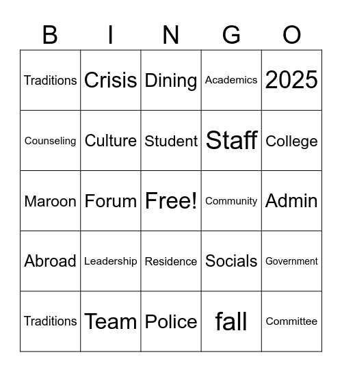 Student Life Forum. Bingo Card