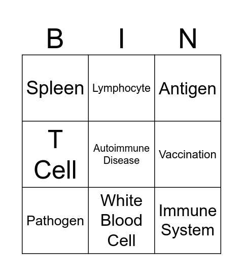 Immune System Vocab Bingo Card