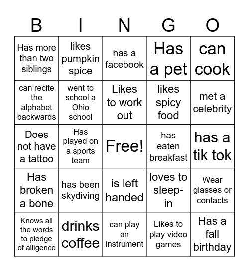 Work Icebreaker Bingo Card
