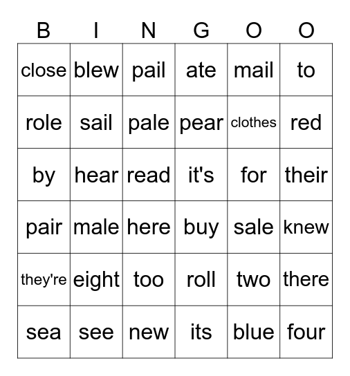 Homophones Bingo Card