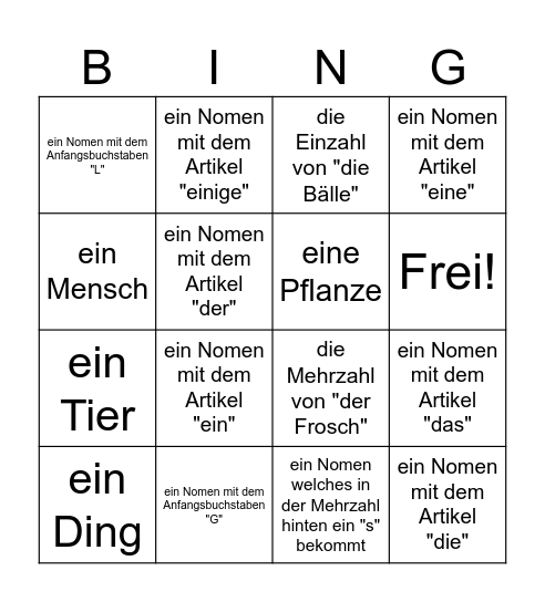 Nomen und Artikel Bingo Card