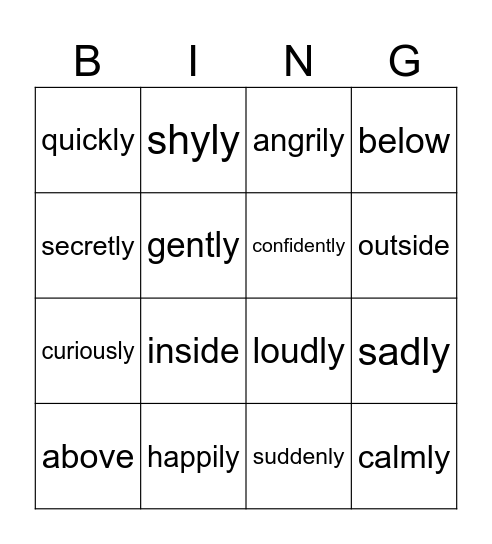 adverb charades Bingo Card
