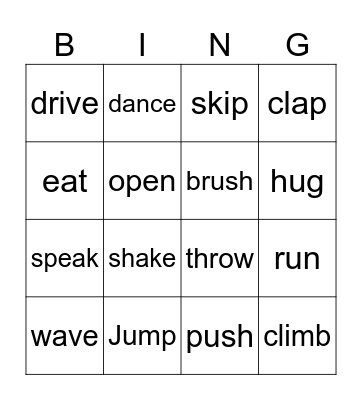 verb charades Bingo Card