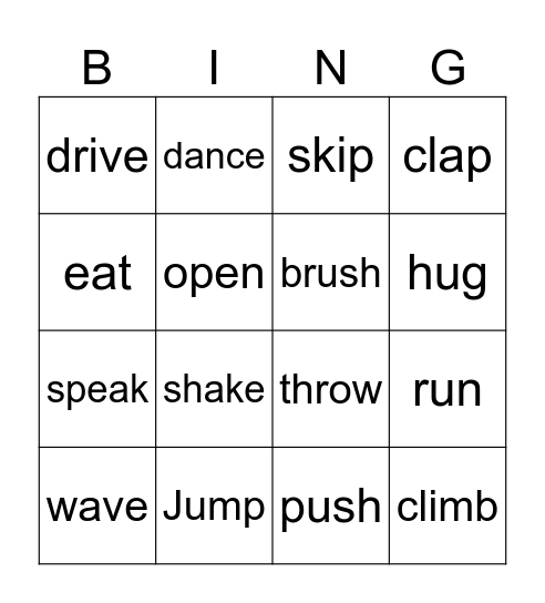 verb charades Bingo Card