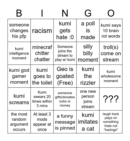 Kumi The Dictator Bingo Card
