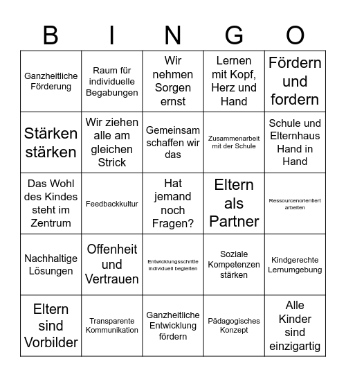 Eltern Bingo Card