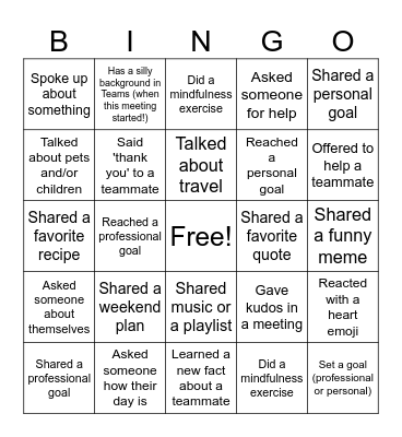 Team Connection + Celebration Bingo Card