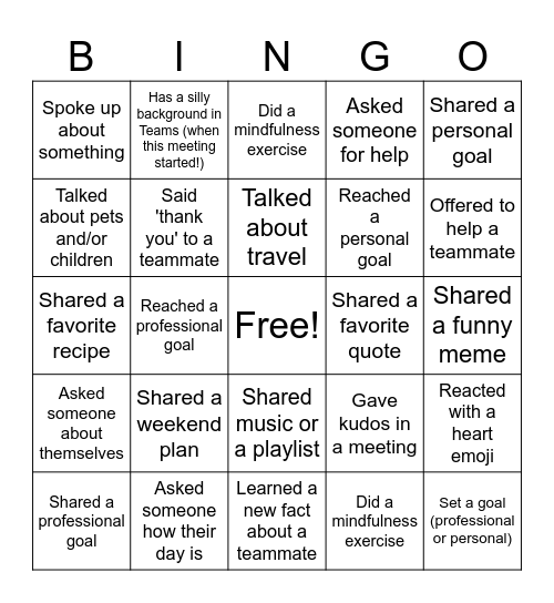 Team Connection + Celebration Bingo Card