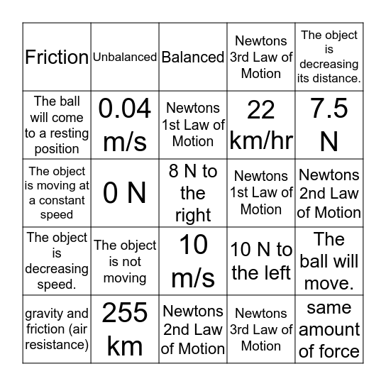Force & Motion  Bingo Card