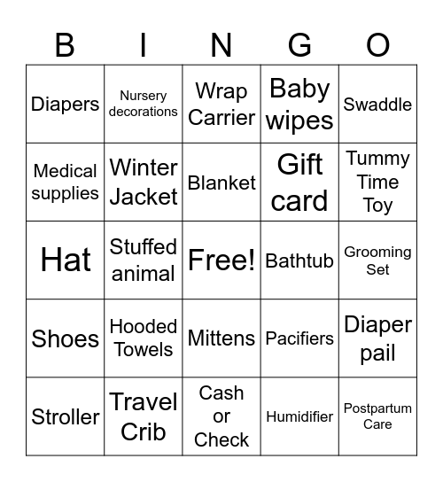 Baby Shower Gifts Bingo Card