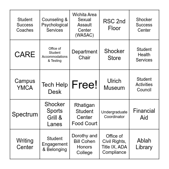 Campus Resources Bingo Card
