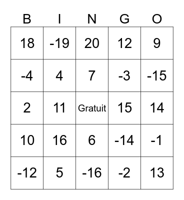 Addition/soustraction nombres entiers Bingo Card