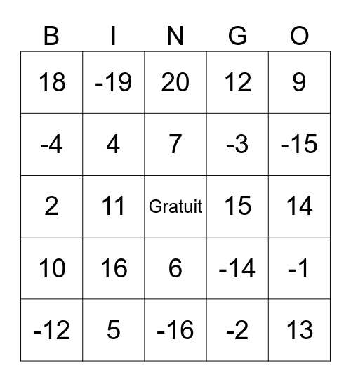 Addition/soustraction nombres entiers Bingo Card