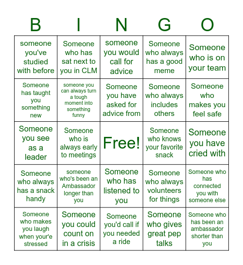 Ambassador Community Bingo Card
