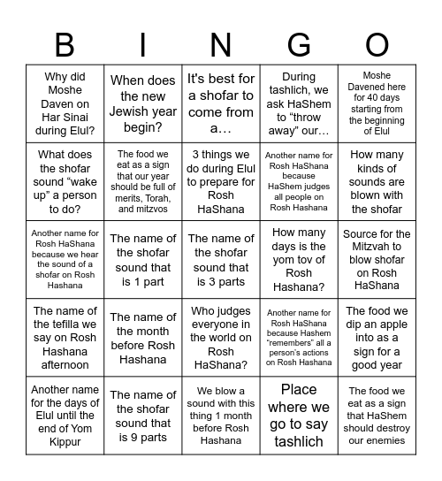 Rosh Hashana Questions Bingo Card