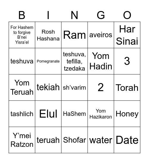 Rosh Hashana Answers Bingo Card
