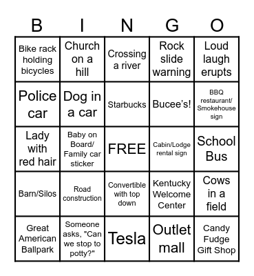 Road Trip Bingo (Family Edition) Bingo Card
