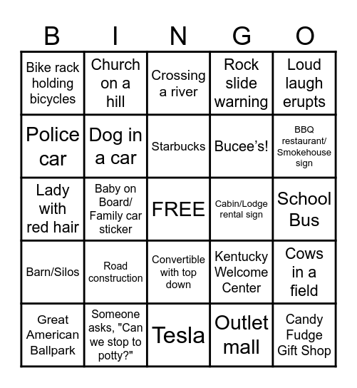 Road Trip Bingo (Family Edition) Bingo Card