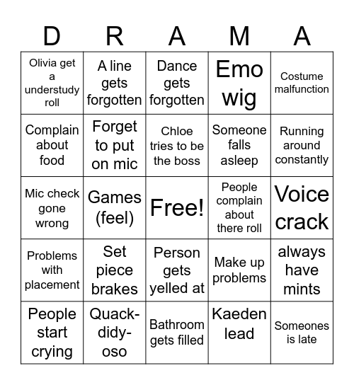 Drama Bingo Card