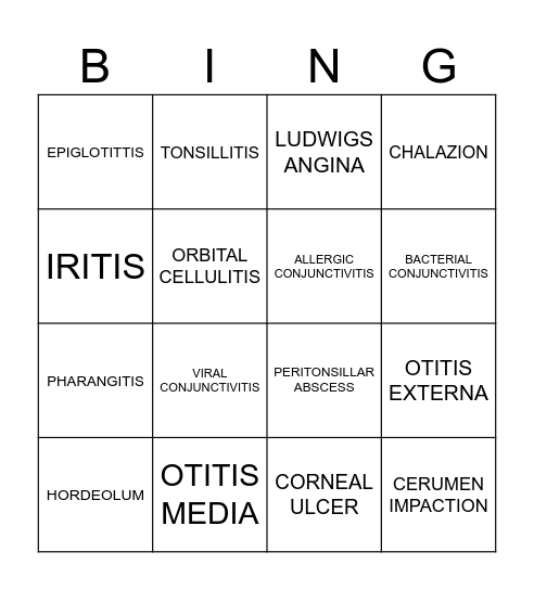HEENT Bingo Card