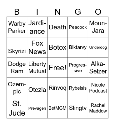 Commercials Bingo Card