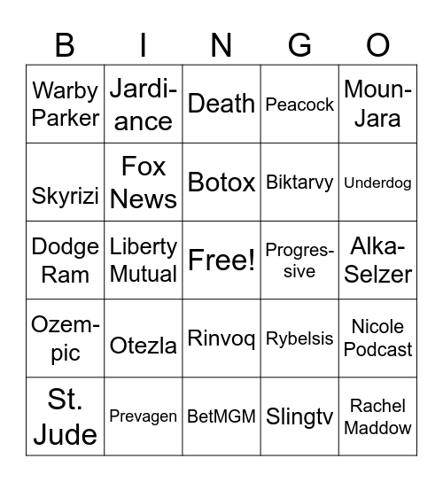 Commercials Bingo Card