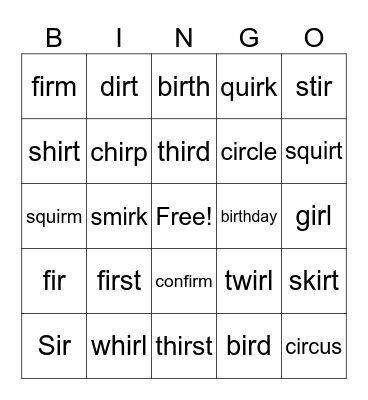 R-controlled vowels ir Bingo Card