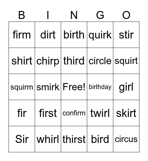 R-controlled vowels ir Bingo Card