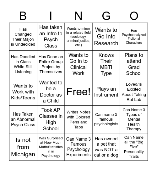 Psi Chi Bingo Card