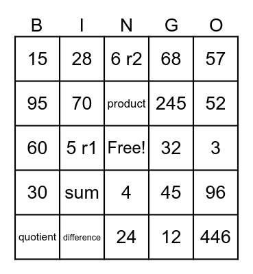 FOURTH GRADE MATH BINGO Card