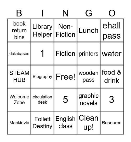 The Belmont Ridge M.S. Library Bingo Card