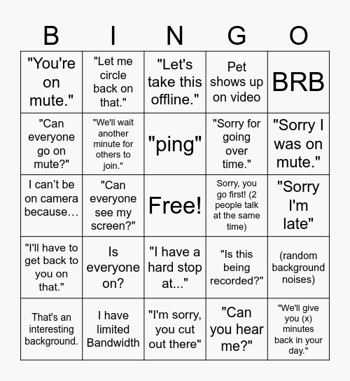 Virtual Meetings Bingo Card