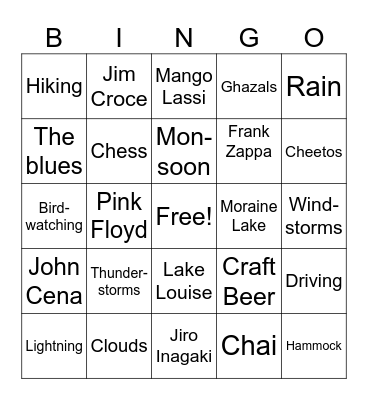 Favourite Things Bingo Card