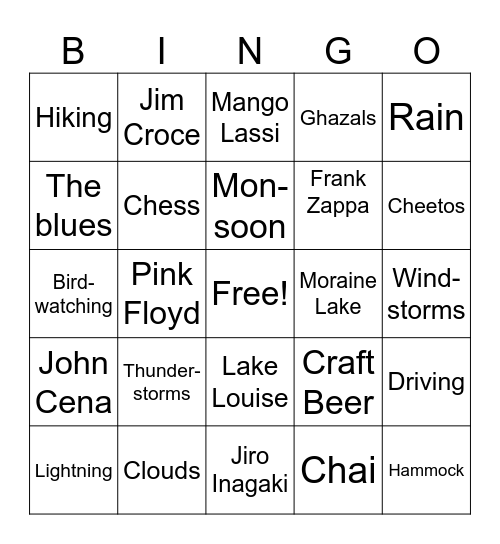 Favourite Things Bingo Card