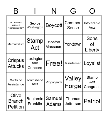 The American Revolution Bingo Card