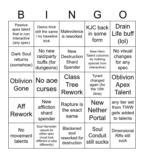 Warlock Bingo (Midnight Alpha / Beta) Bingo Card