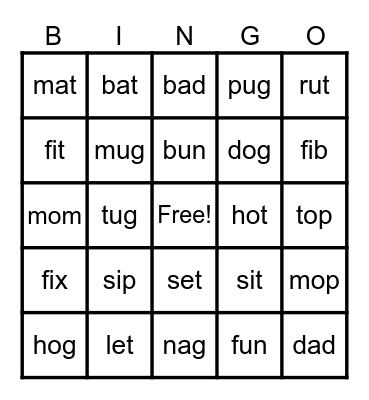 Mixed CVC short vowels Bingo Card
