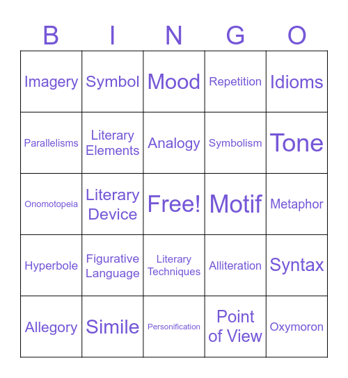 Literary Devices Bingo Card