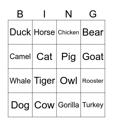 Animal Bingo Card