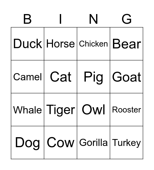 Animal Bingo Card