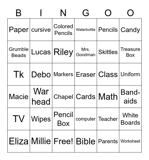 Mrs. Spurrier's Class Bingo Card