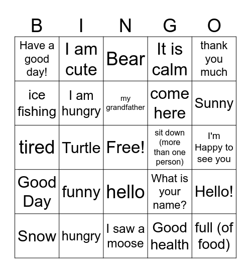 Indigenous Language Bingo Card