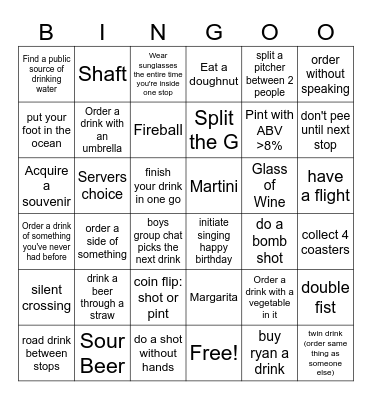 Ryan Bday Pub Crawl :) Bingo Card