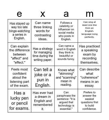 Exams Bingo Card