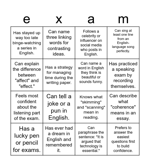 Exams Bingo Card