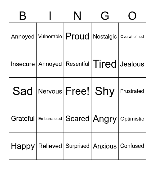 Emotions Bingo Card