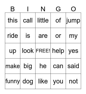 Sight Words Bingo Card