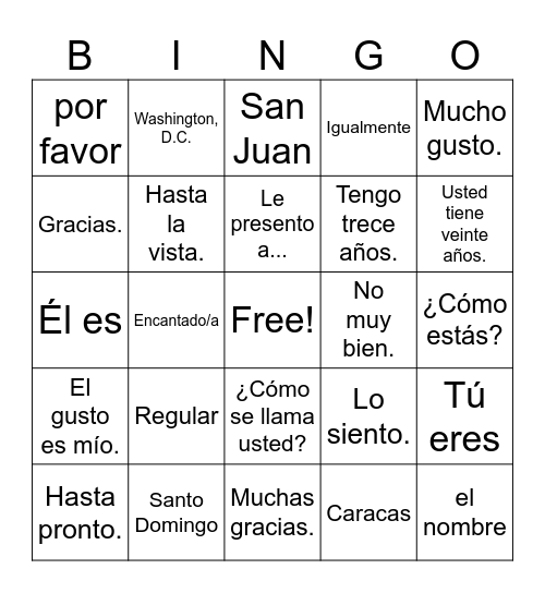 SP 1 - Vocabulario - Hola, ¿qué tal? Bingo Card