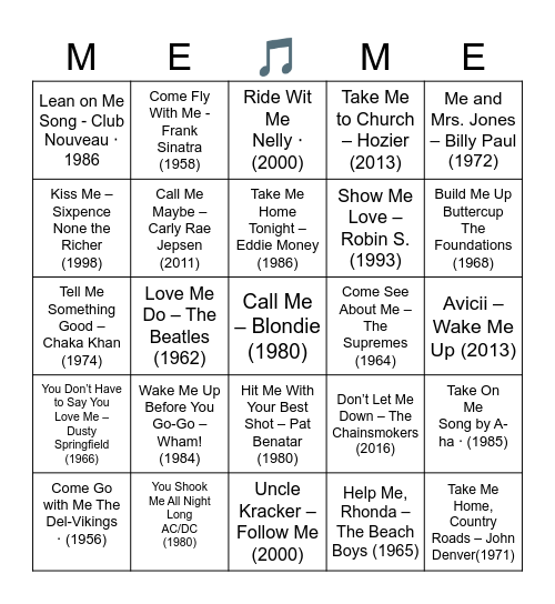Do Rei "ME". Songs with "ME" in the title Bingo Card