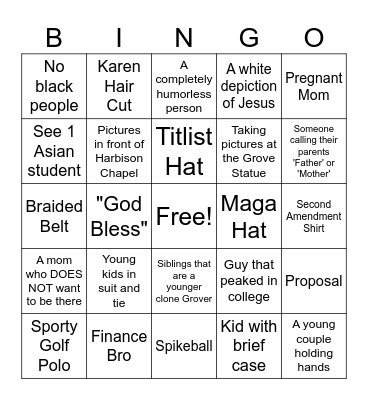 Grove City University Bingo Card